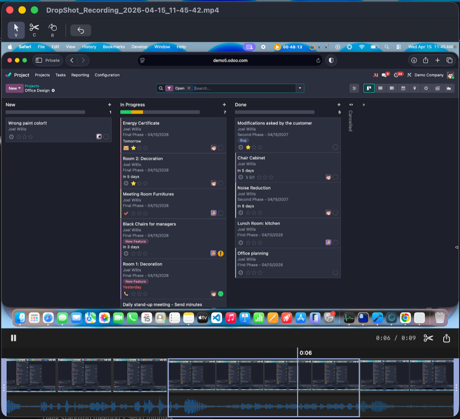 DropShot video editor showing a recorded clip split into segments with audio waveform and timeline